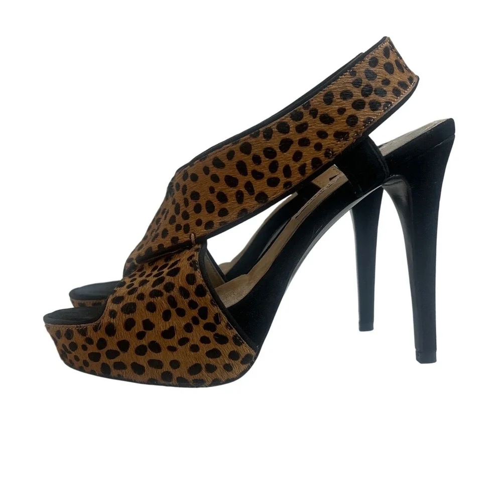 Diane von Furstenberg Leopard Calf Hair Platform‎ Slingback Heels Womens 8.5M